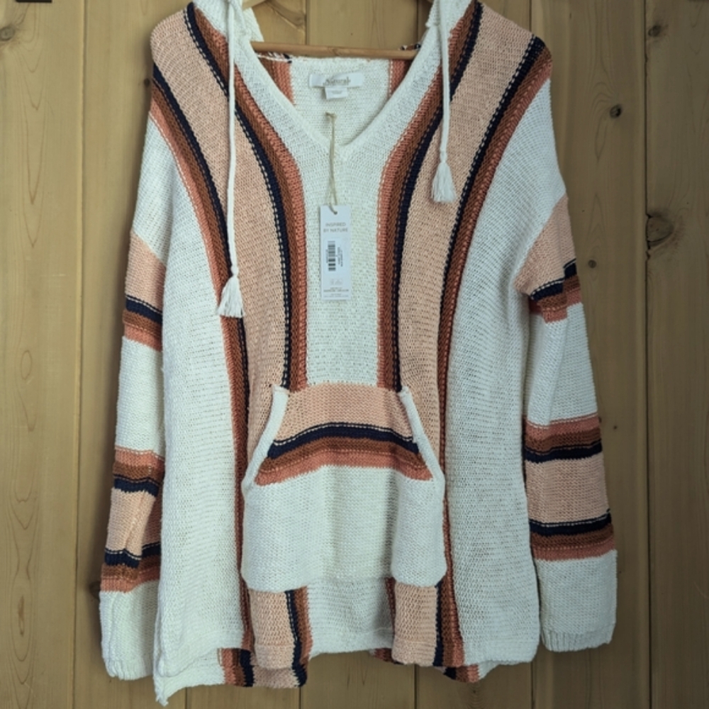 Striped Knit Hoodie Sweater - Cream, Pink, and Navy
